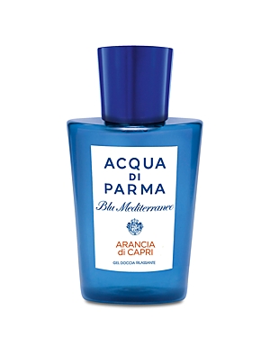 Bright blue bottle of Acqua Di Parma Blue Mediterraneo Arancia Di Capri shower gel, featuring a sleek design, white label, and blue cap, labeled for men, 6.7 oz.