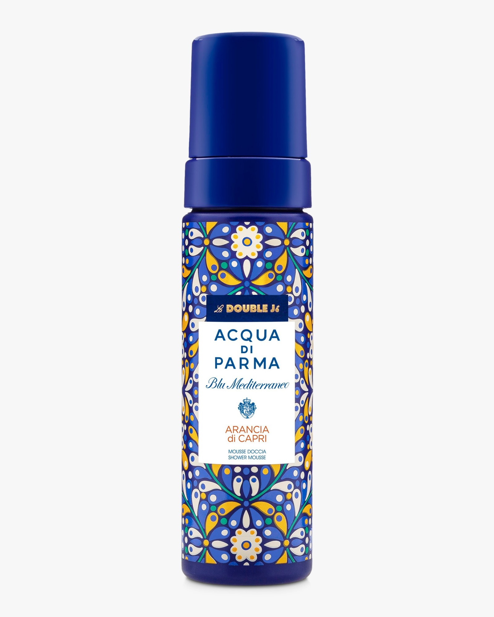 Blue shower mousse canister with a decorative floral pattern, featuring a white label that reads "Acqua Di Parma Blu Mediterraneo Arancia Di Capri," 150ml size.
