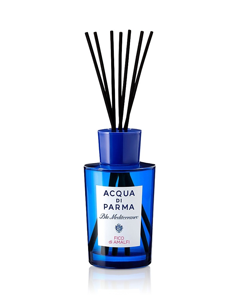 Blue glass room diffuser with black reed sticks, featuring a white label that reads "Acqua Di Parma Blu Mediterraneo Fico Di Amalfi," 6 oz size.