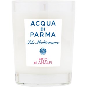 Clear glass candle featuring a white wax interior, labeled "Acqua Di Parma Blu Mediterraneo - Fico Di Amalfi" in blue and black text, with a simple, elegant design.