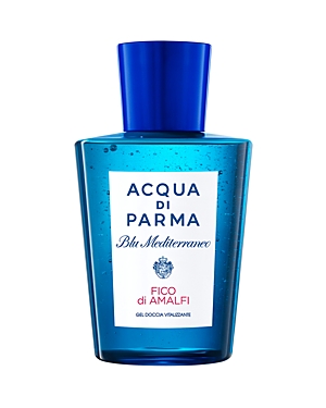 Bright blue bottle with a sleek design, featuring a white label that reads "ACQUA DI PARMA Blu Mediterraneo FICO di AMALFI," and a blue cap, containing 6.7 oz of unisex shower gel.