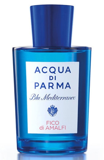 A vibrant blue glass bottle of Acqua Di Parma's Blu Mediterraneo Fico Di Amalfi Eau De Toilette, featuring a white label with blue text and a silver cap.