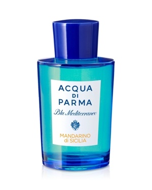Bright blue glass bottle with a blue cap, featuring a white label that reads "ACQUA DI PARMA Blu Mediterraneo MANDARINO di SICILIA," containing 6 oz of EDT spray.