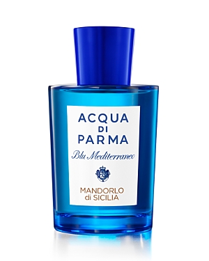 Bright blue glass bottle with a sleek design, featuring a silver cap and a white label that reads "ACQUA DI PARMA MANDORLO DI SICILIA" in elegant font.