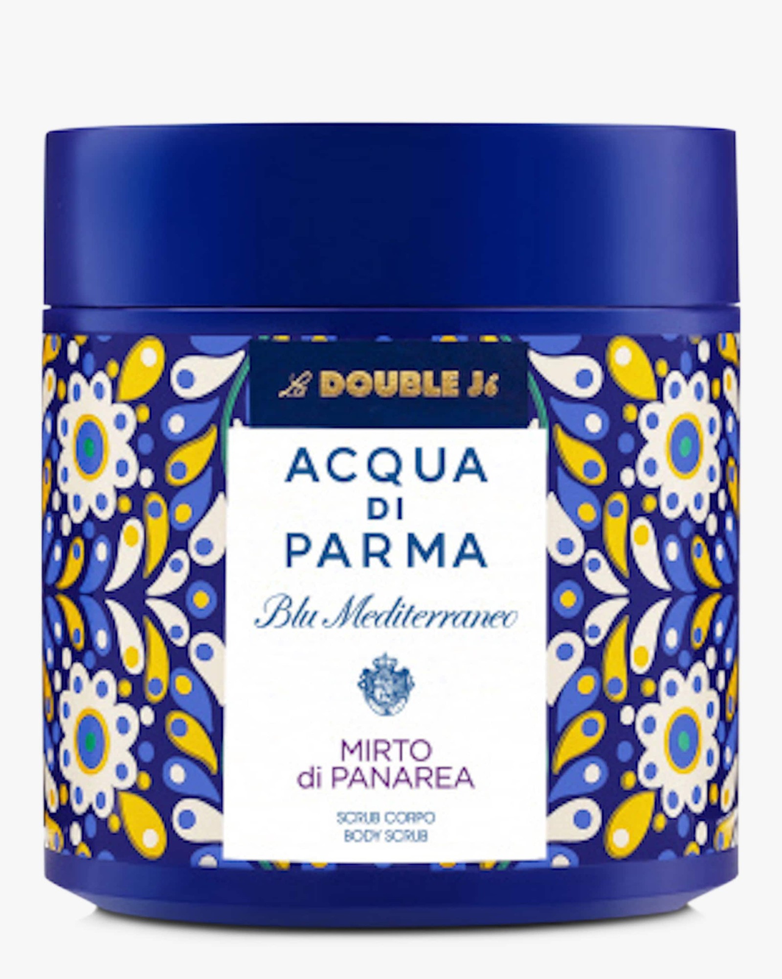 Blue cylindrical container with a floral design, featuring yellow and white accents, labeled "Acqua Di Parma Blu Mediterraneo Mirto Di Panarea Body Scrub 200ml."