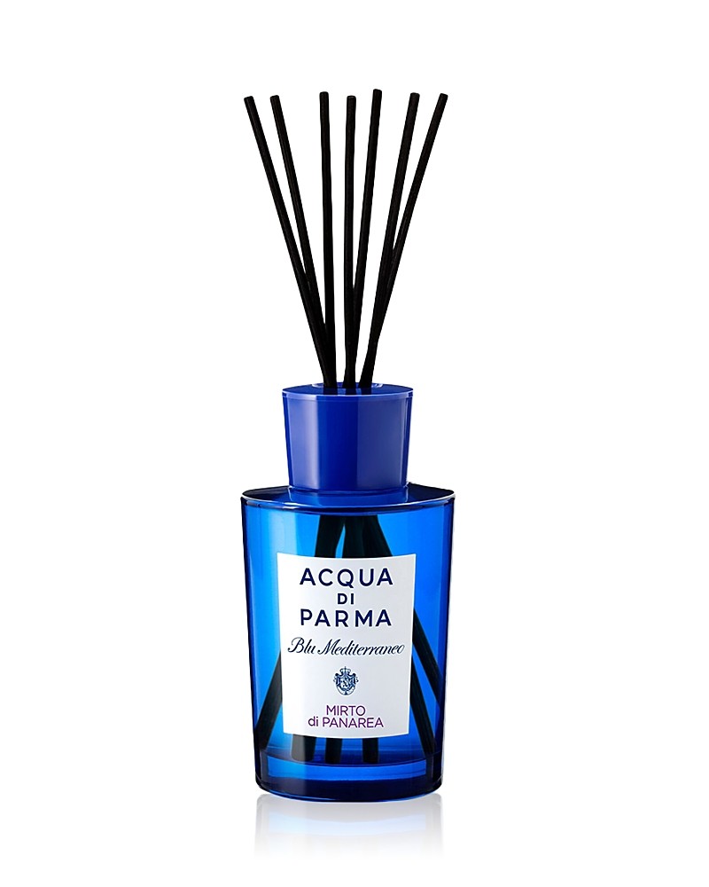 A vibrant blue glass diffuser with black reeds, labeled "Acqua Di Parma Blu Mediterraneo Mirto Di Panarea," showcasing an elegant design and luxurious fragrance.