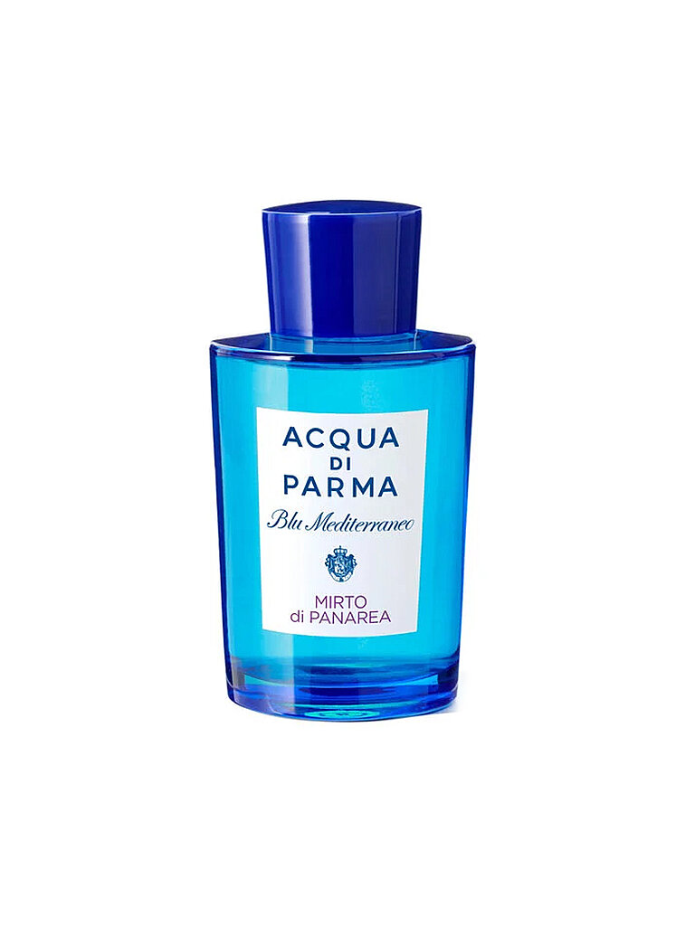 Clear blue glass bottle with a blue cap, featuring a white label that reads "ACQUA DI PARMA Blu Mediterraneo Mirto di Panarea" in elegant font.