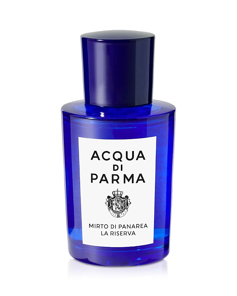 A vibrant blue glass bottle with a sleek design, featuring a dark blue cap and a white label that reads "ACQUA DI PARMA MIRTO DI PANAREA LA RISERVA" in elegant black font.