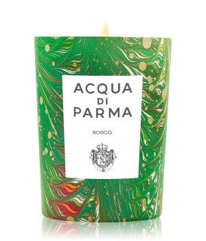 Green marbled candle with a white label displaying "ACQUA DI PARMA" and "BOSCO," featuring gold accents and a stylish design, perfect for unisex fragrance.