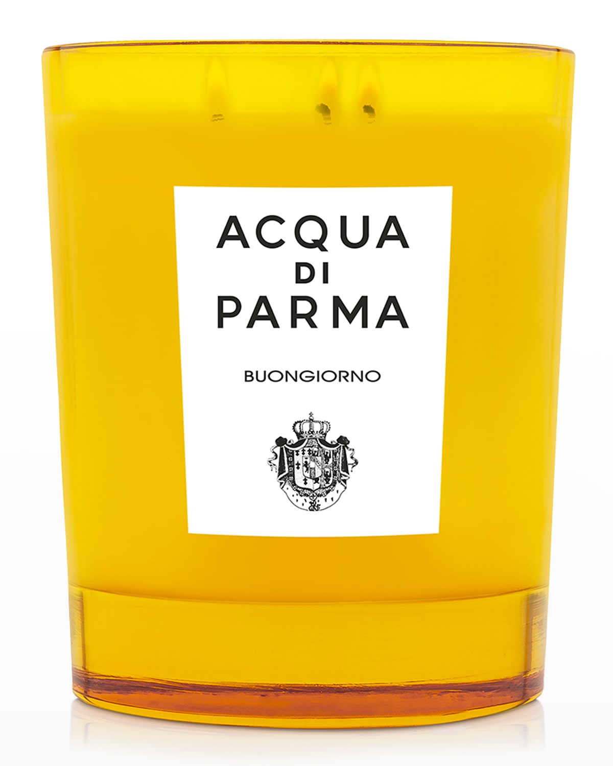 Bright yellow glass candle holder with a white label featuring "ACQUA DI PARMA" and "BUONGIORNO," showcasing a sleek design and a luxurious feel.