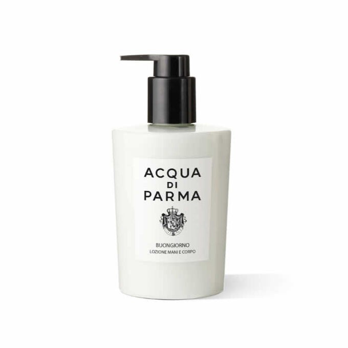 White cylindrical bottle with a black pump lid, labeled "ACQUA DI PARMA BUONGIORNO LOZIONE MANI E CORPO," containing 10 oz of hand and body lotion.