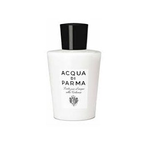 White bottle of Acqua Di Parma Colonia Aftershave Lotion for men, featuring a black cap and a minimalist label with black text and a crest, 3.4 oz size.