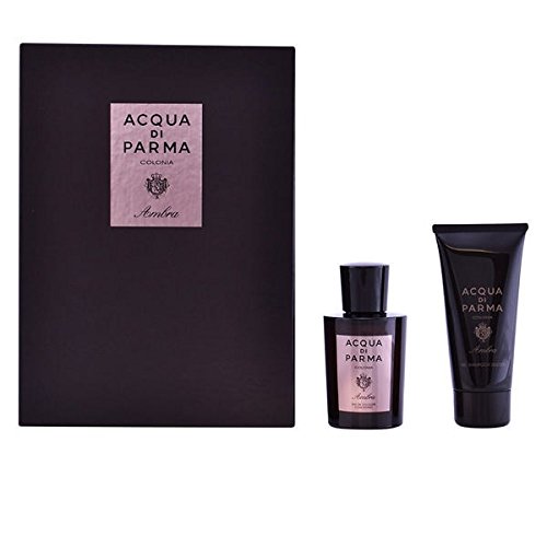 Black gift box featuring "Acqua Di Parma Colonia Ambra" label, containing a 100ml Eau De Cologne spray and a 75ml black shower gel tube, both elegantly designed.