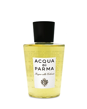 Clear glass bottle with a black cap, filled with light yellow bath and shower gel, featuring a white label with black text and a logo, showcasing the Acqua Di Parma brand.