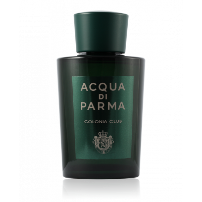 Green glass bottle with a black cap, featuring a prominent label that reads "ACQUA DI PARMA COLONIA CLUB" in gold lettering, showcasing a sleek and elegant design.