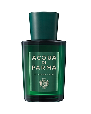 Green glass bottle with a sleek design, featuring a dark green cap and a label that reads "ACQUA DI PARMA COLONIA CLUB" in gold lettering.