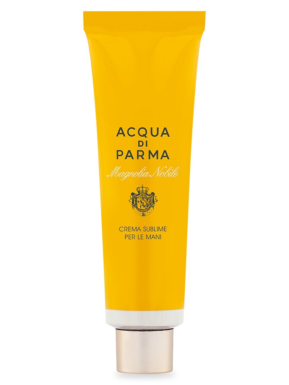 Bright yellow tube of Acqua Di Parma Magnolia Nobile hand cream, featuring elegant white text and a gold emblem, designed for luxurious skin care.