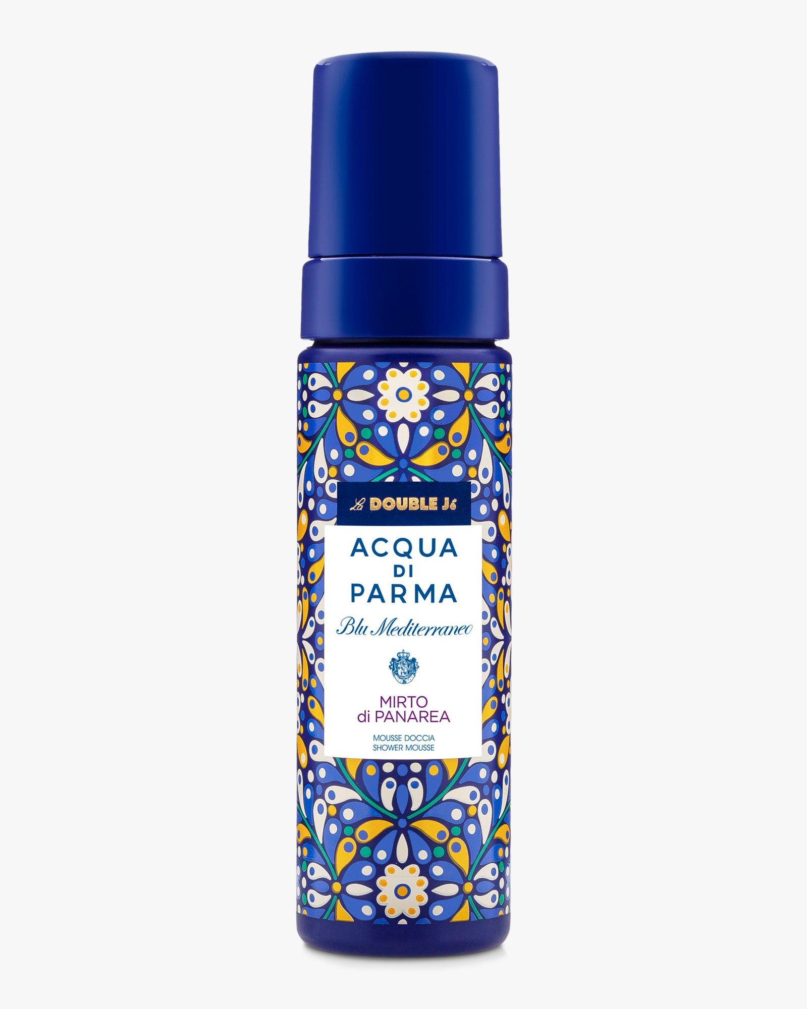Blue shower mousse canister with intricate floral designs in yellow, white, and green, featuring the label "Acqua Di Parma Blu Mediterraneo Mirto Di Panarea" prominently displayed.