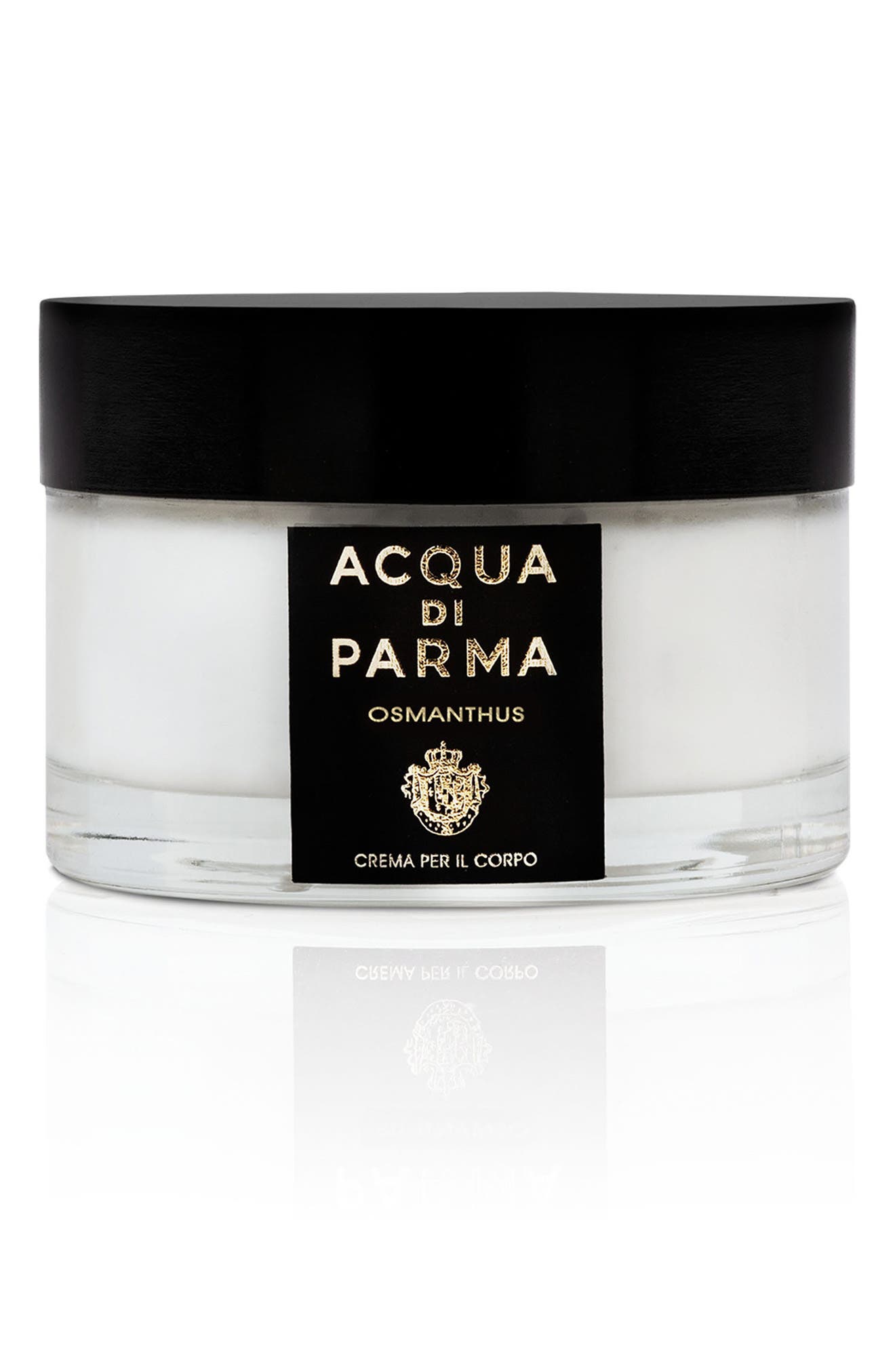 White glass jar of Acqua Di Parma Osmanthus Body Cream, featuring a sleek black lid and a gold label with elegant text, 150ml capacity.