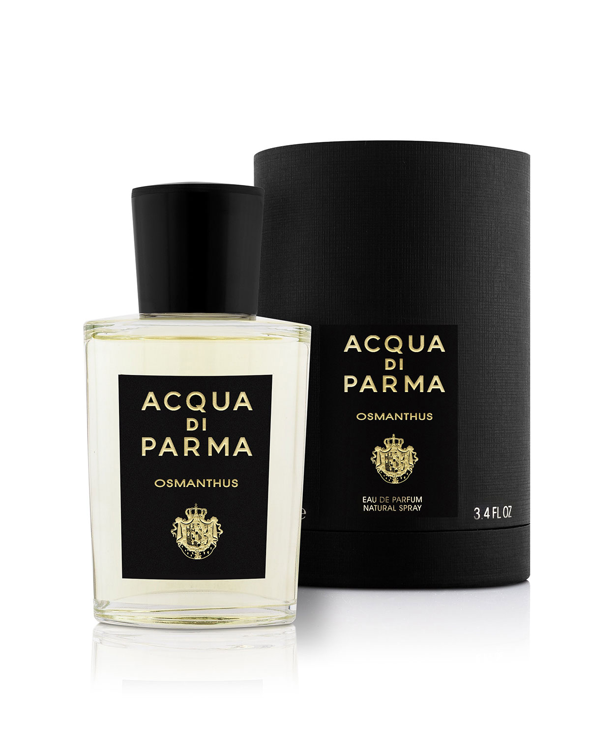 Clear glass bottle with a black cap, featuring a gold and black label that reads "Acqua Di Parma Osmanthus," alongside a cylindrical black box.