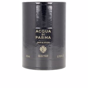 Black cylindrical bottle with gold text reading "Acqua Di Parma Oud & Spice," 20ml size, featuring a sleek, glossy finish and a decorative emblem at the bottom.