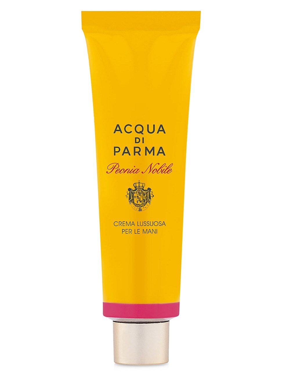 Bright yellow tube of Acqua Di Parma Peonia Nobile Hand Cream, featuring elegant text and a gold cap, labeled "Crema Lussuosa per le Mani" in Italian.