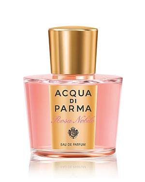 Clear glass bottle with a pink liquid, gold cap, and elegant label featuring "Acqua Di Parma Rosa Nobile" in black and gold lettering.