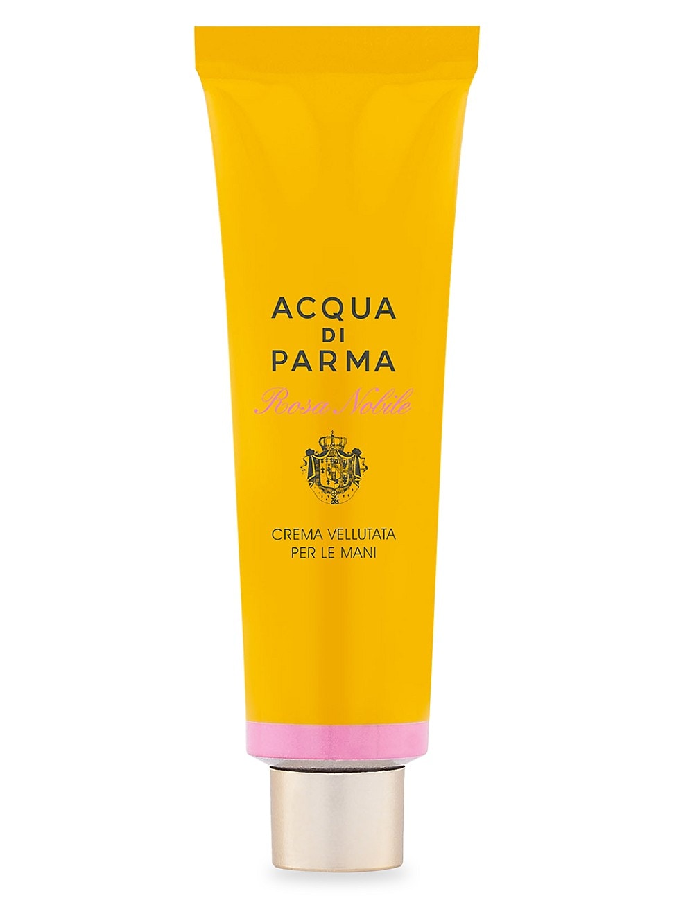 Bright yellow tube of Acqua Di Parma Rosa Nobile Hand Cream, featuring elegant pink accents and gold lettering, with a royal crest logo at the center.