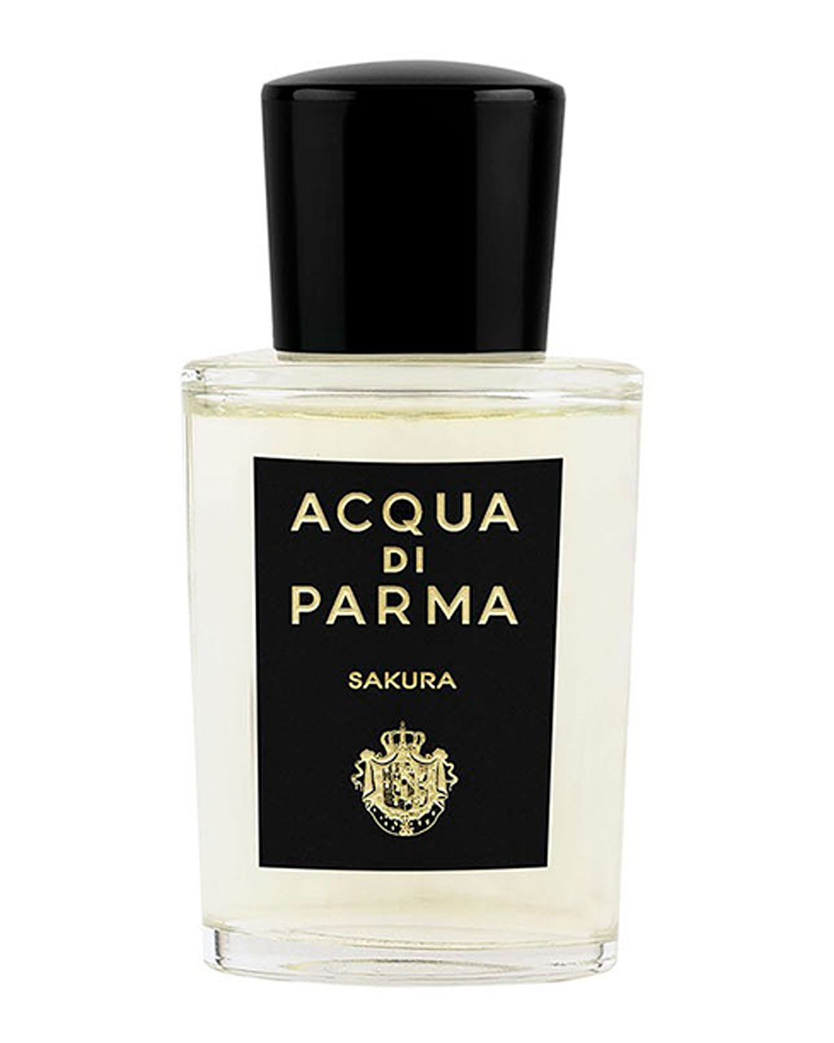 Clear glass bottle with a black cap, featuring a black label with gold text reading "ACQUA DI PARMA SAKURA," containing 20 ml of Eau de Parfum.