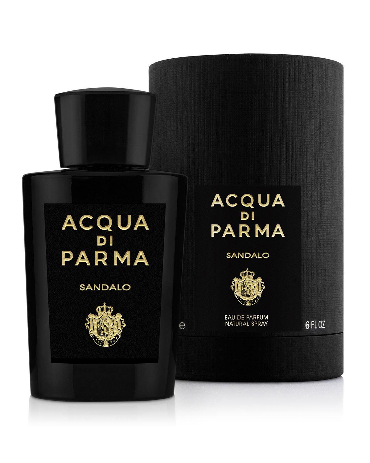 Black glass bottle with a sleek design, gold lettering reading "Acqua Di Parma Sandalo," accompanied by a matching cylindrical black box, both elegant and luxurious.