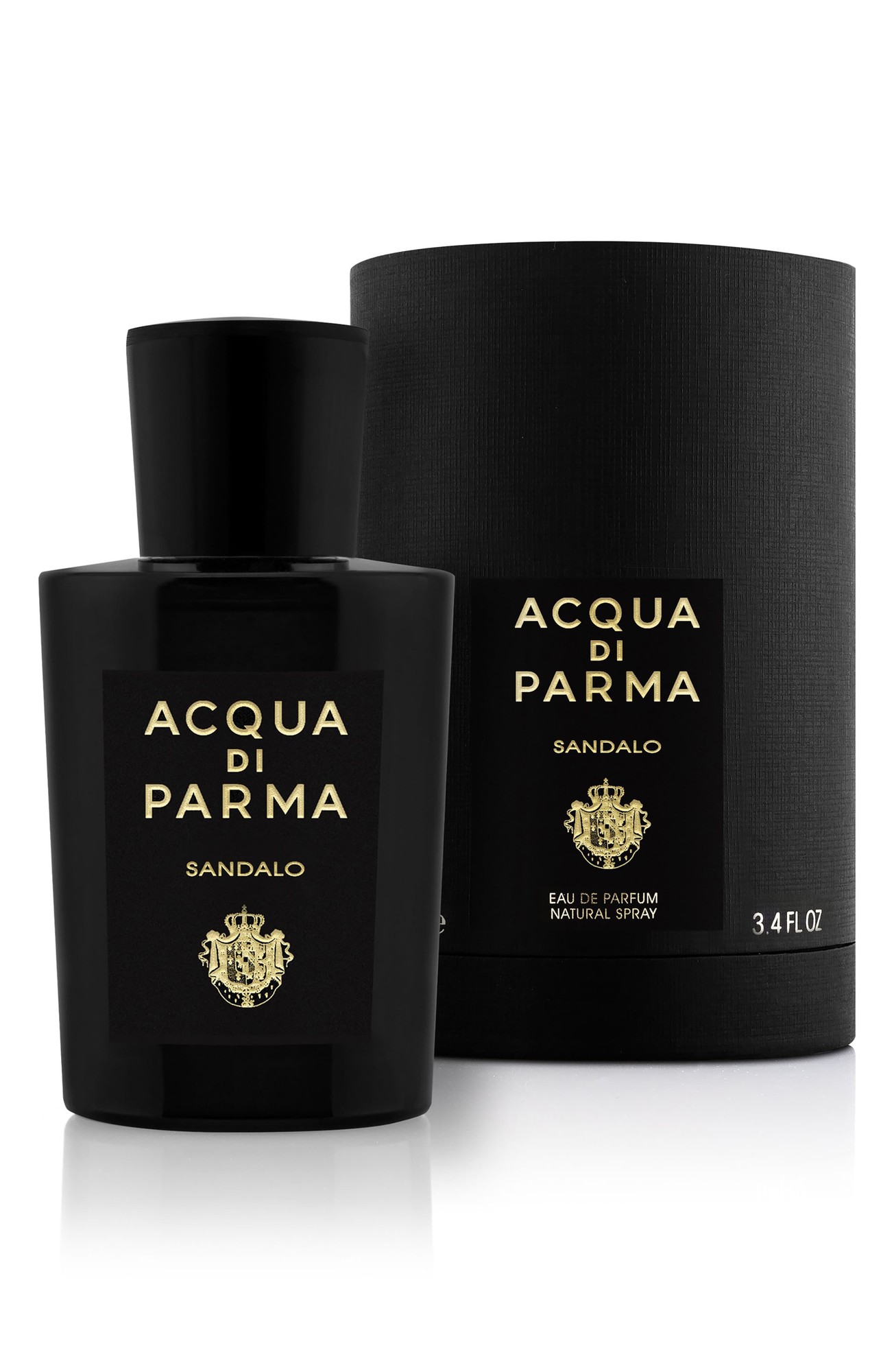 Black glass bottle of Acqua Di Parma Sandalo Eau De Parfum, featuring gold lettering and a matching black cylindrical box, both elegantly designed for a luxurious presentation.