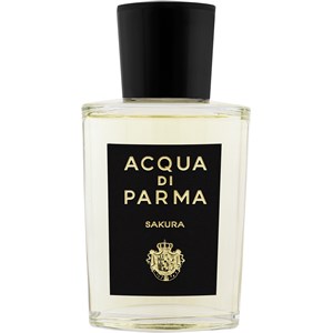 Clear glass bottle with a black cap, featuring a black label with gold text reading "ACQUA DI PARMA" and "SAKURA," showcasing the elegant design of the fragrance.