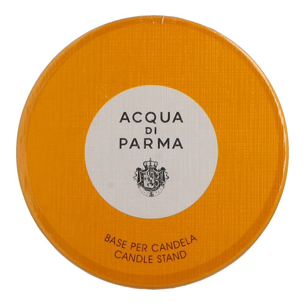 Round orange candle base featuring a white circular label with "ACQUA DI PARMA" text and a decorative crest, designed for holding candles securely.