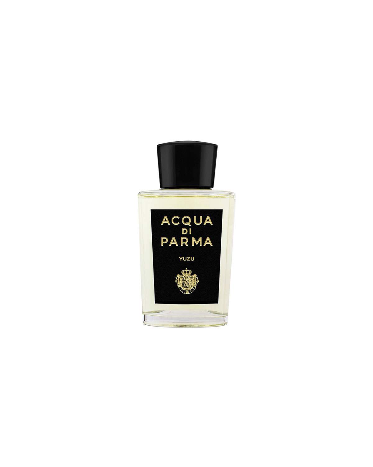 Clear glass bottle with a black cap, featuring a black label with gold text reading "ACQUA DI PARMA YUZU," containing 6 oz of unisex eau de parfum spray.