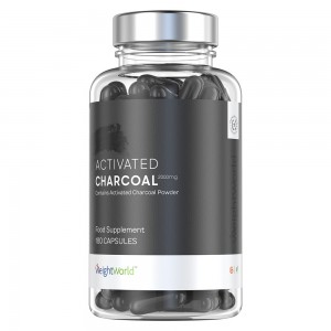 Clear plastic bottle containing black capsules labeled "Activated Charcoal 2000mg" by WeightWorld, with a silver lid and a white and black design, indicating 180 vegan digestion supplements.