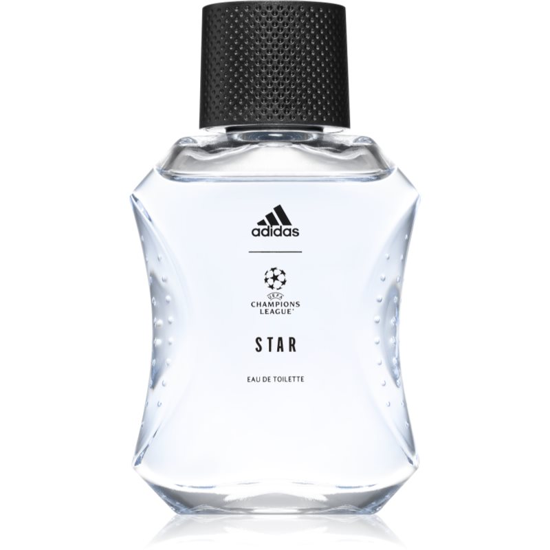 Clear glass bottle with a unique angular shape, black textured cap, and Adidas logo; features UEFA Champions League emblem and "STAR" label, containing 50ml of Eau De Toilette.