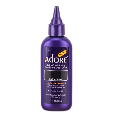 Purple bottle with a pointed applicator cap, labeled "Adore Plus #398 Jet Black," containing 3.4 fl oz of semi-permanent hair color, emphasizing no ammonia or alcohol.