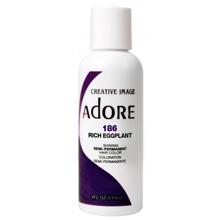 White bottle with a flip-top cap, labeled "Adore Creative Image 186 Rich Eggplant," featuring a purple design and indicating it's a 118ml semi-permanent hair color.