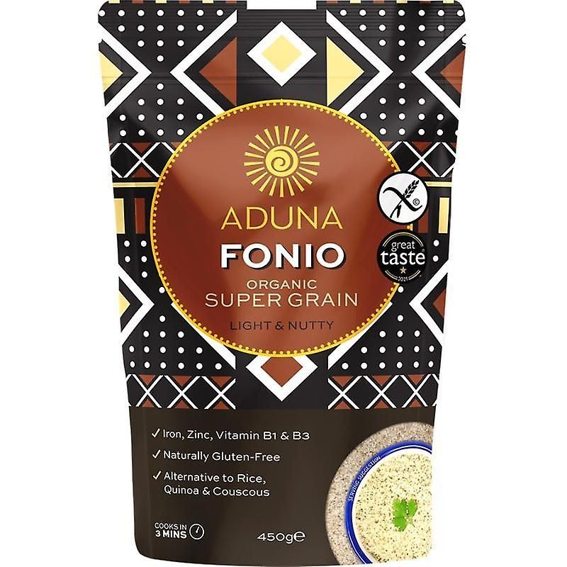 Aduna Fonio Organic Super-Grain 450g package features a vibrant black and red design with tribal patterns, highlighting its gluten-free and nutritious qualities.