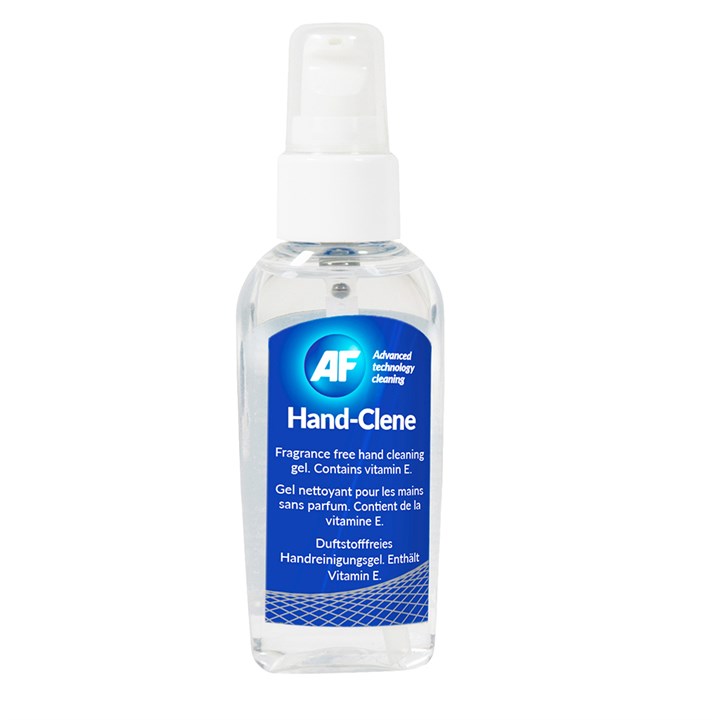 Clear plastic bottle with a white pump top, containing 50ml of fragrance-free hand sanitising gel labeled "Hand-Clene" by AF, featuring a blue and white design and stating it contains vitamin E.
