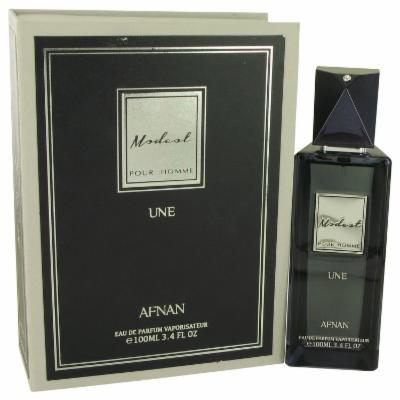 Black and silver perfume box with a sleek glass bottle featuring a black cap, labeled "Modest Une" for men, 3.4 oz EAU DE PARFUM by Afnan.