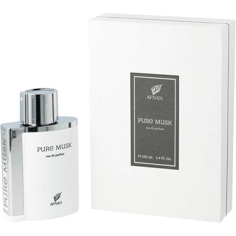Afnan Pure Musk Eau De Parfum Spray in a sleek white bottle with a silver cap, accompanied by a matching white box, both featuring elegant branding.