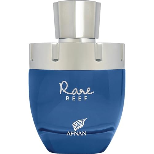 Blue glass bottle with a silver cap, featuring the name "Rare REEF" elegantly written in white, designed for unisex use, containing 3.4 oz of Afnan Extrait De Parfum.