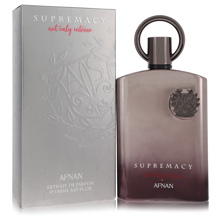 Afnan Supremacy Not Only Intense Eau De Parfum in a sleek, gradient bottle from clear to dark purple, with a round black cap, alongside a silver box featuring embossed logo details.