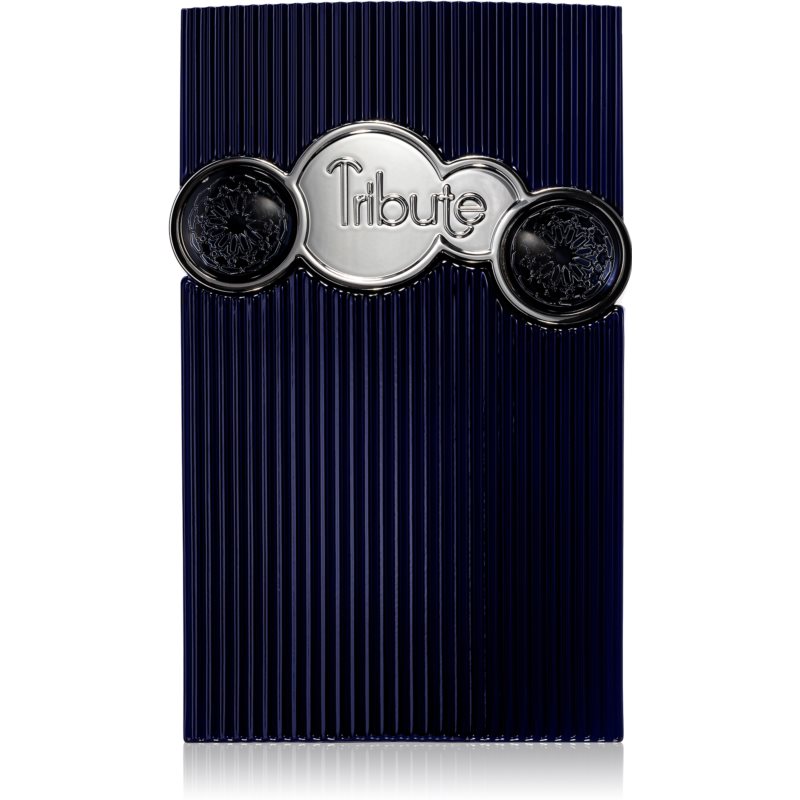 Navy blue ribbed bottle with a silver "Tribute" emblem and two black circular accents, containing 3.4 oz of Afnan's Tribute Collection EDP for men.