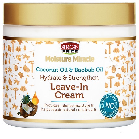 Moisture Miracle Leave-In Conditioner Cream in a white jar with a gold lid, featuring a floral design and text highlighting coconut and baobab oil for hydration and strength.