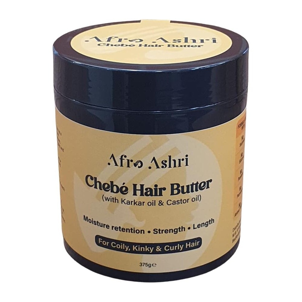 A round, dark blue jar of Afro Ashri Chebe Hair Butter, 375g, featuring a yellow label with product details and benefits for coily, kinky, and curly hair.
