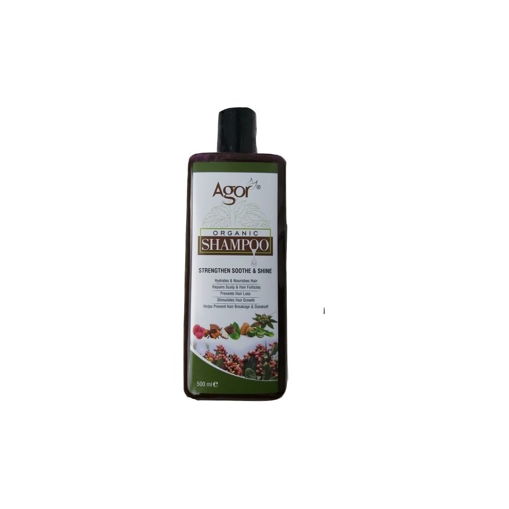 Dark brown bottle with a flip-top lid, featuring a label that reads "Agor Organic Shampoo" in bold letters, highlighting "Strengthen Soothe & Shine," 500 ml size.