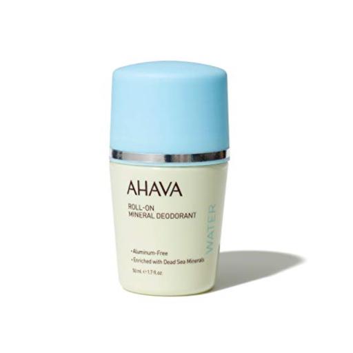 Light blue roll-on deodorant with a soft blue cap, labeled "AHAVA" in bold letters, featuring "Dead Sea Minerals" and "Aluminum-Free" on a pale green bottle.