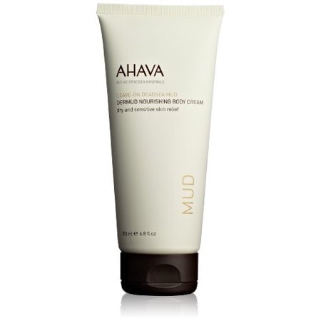White tube of Ahava Leave-on Deadsea Mud Dermud Nourishing Body Cream, featuring a minimalist design with black text and a brown accent, 200ml size for dry and sensitive skin relief.